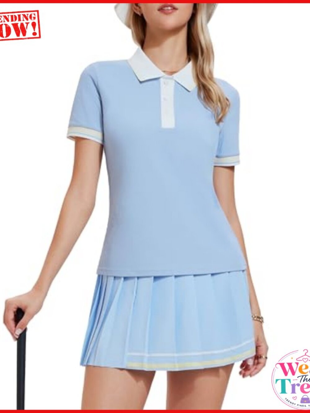 2 Piece Tennis Skirt Set Pleated Skort Ribbed Polo Top Nylon Spandex